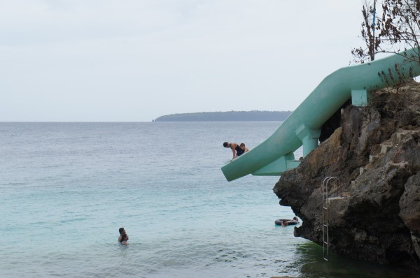 Tia and Mason getting ready to jump off the water slide.  Water doesn't run down the slide unless you pay extra for it...and after Typhoon Pablo many areas of this water park got destroyed