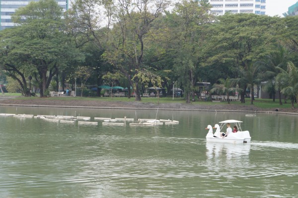 Kalani and Felicia on the paddle boat at Lumpini Park