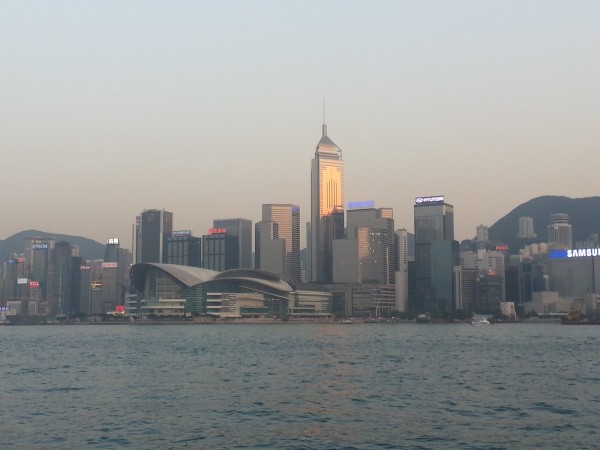 Skyline of Hong Kong.  Every night at 8pm there is a light show where many of these building participate.