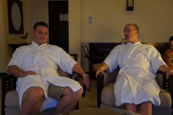 Lounging around at a hotel; the boys wanted to be comfortable!