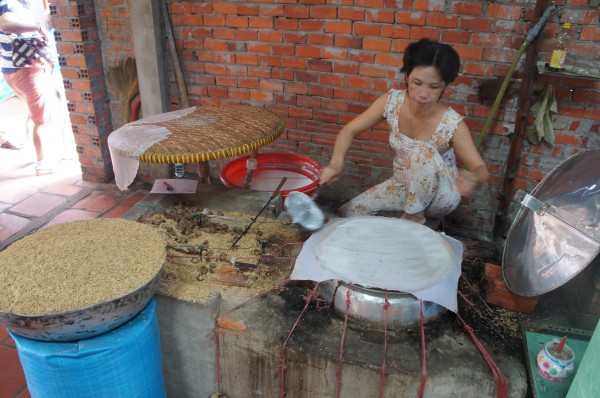 Along the Mekong Delta we saw this lady making rice paper for spring rolls.  We also saw them making coconut candy, extracting coconut oil, making rice cakes, etc.  It was a really awesome homeschool field trip!