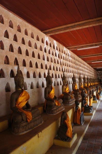 Wat Si Saket located in Vientiane is famous for its cloister wall housing thousands of tiny Buddha images and rows with hundreds of seated Buddhas. These images mainly date from the 16th and 19th centuries and come in all sizes and are made from wood, stone and bronze – more than 6,800 Buddhas in total.