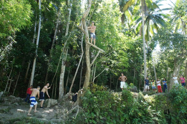 My 17 year old brother about to jump off the platform in the tree at Cambugahay Falls