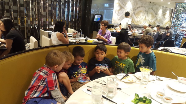 We celebrated a mom's birthday at a restaurant before going bowling. The boys were all very well behaved once the iPad was pulled out!