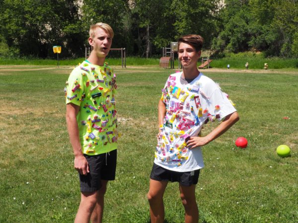 The finale of our Kid Olympics was to have these two cousins run around with candy glued to their shirt...they were a human pinata and it only lasted about two minutes before the candy was all taken.